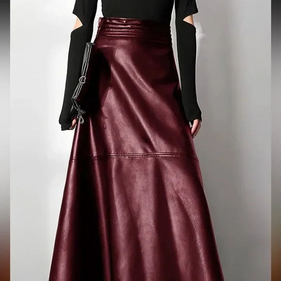 Temu Burgundy, 3XL Flared A-line Faux Leather Solid Color Skirt, NWOT - Picture 3 of 7